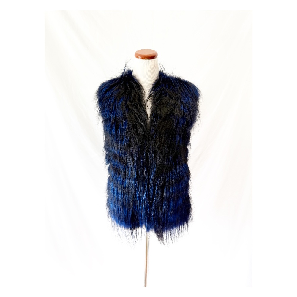 Blue and Black Fur and Leather Vest Medium / Large